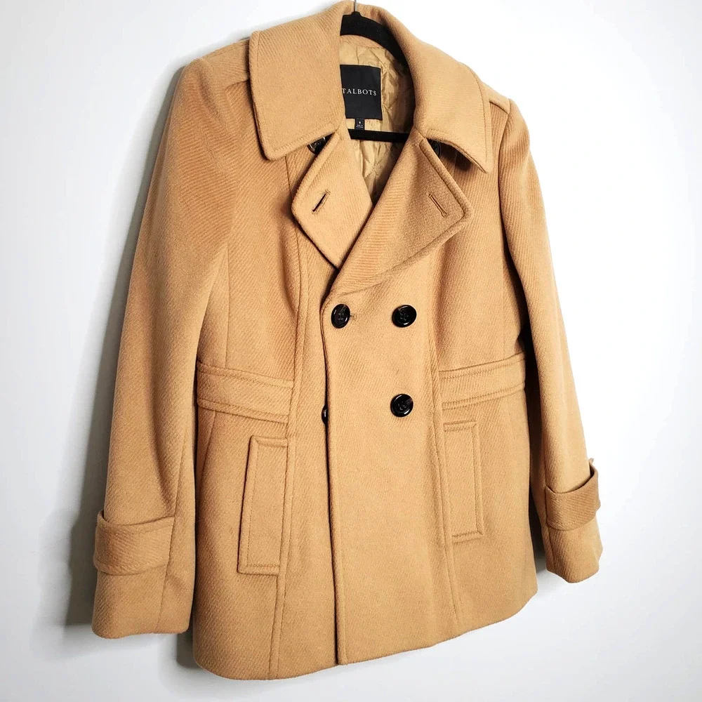 TALBOTS Tan Brown Wool Blend Double Breasted Long Sleeve Coat Jacket Sz 8 - Picture 2 of 6